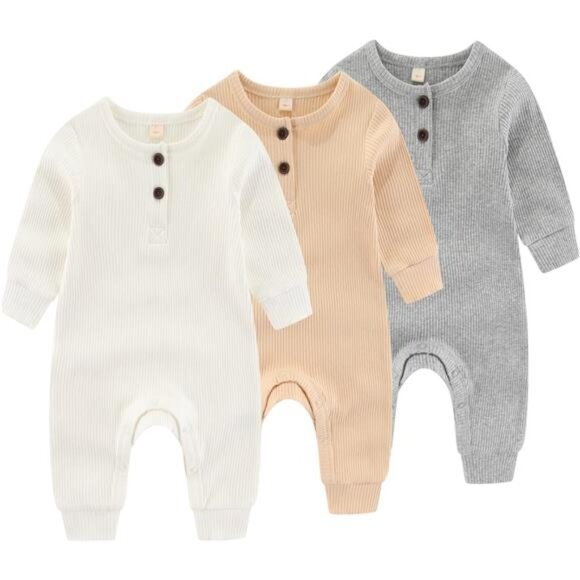 Newborn Baby Boys Girls One Piece Romper With Mitten Cuffs 3 Pack Long Sleeve - Picture 1 of 7